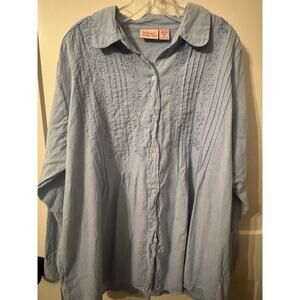 The Vermont Country Store Sz 3X Plus Cotton Pleated Button Up Shirt Blue Vintage